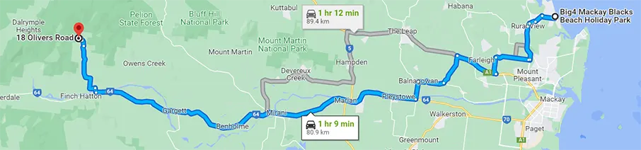 Map from Mackay Blacks Beach Holiday Park to Forest Flying at Finch Hatton Gorge.